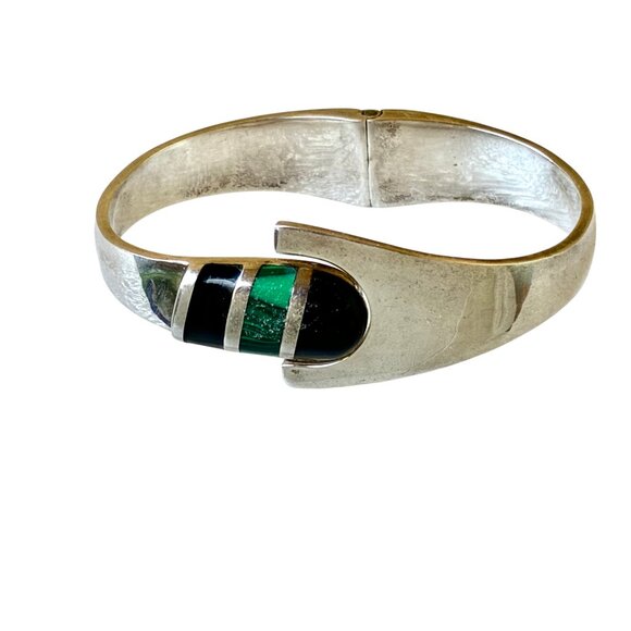 Sterling Silver 925 Bracelet Malachite + Onyx Hinged Bracelet Taxco Mexico 52 gr - Picture 14 of 16